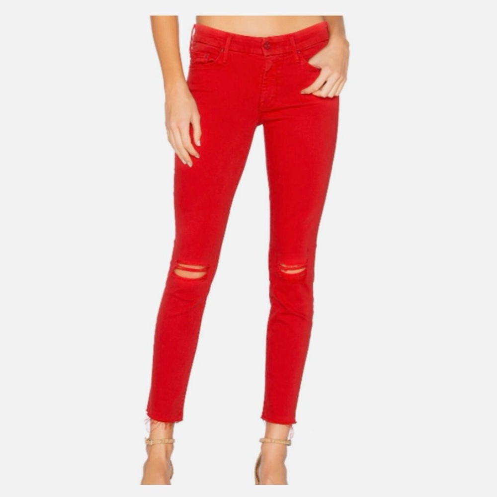 MOTHER Looker Ankle Fray slim red denim jeans size 26”